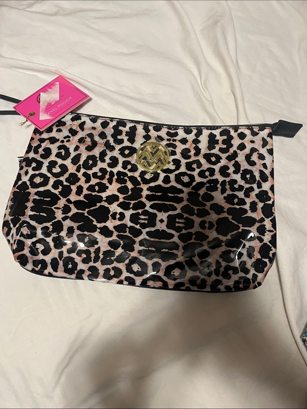 Pink Leopard Print Vinyl Cosmetic Pouch with Gold Logo